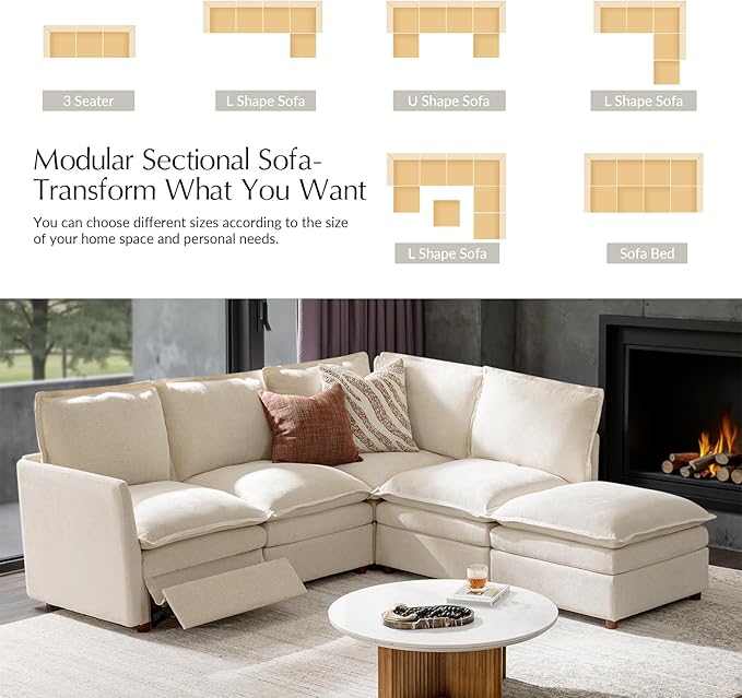 HULALA HOME 98'' Power Recliner Sofa with Dual-Layered Cushions, Oversized Modular Sectional Sofa L Shaped Couch with Storage Ottoman, 4 Seater Cloud Couch for Living Room, Beige