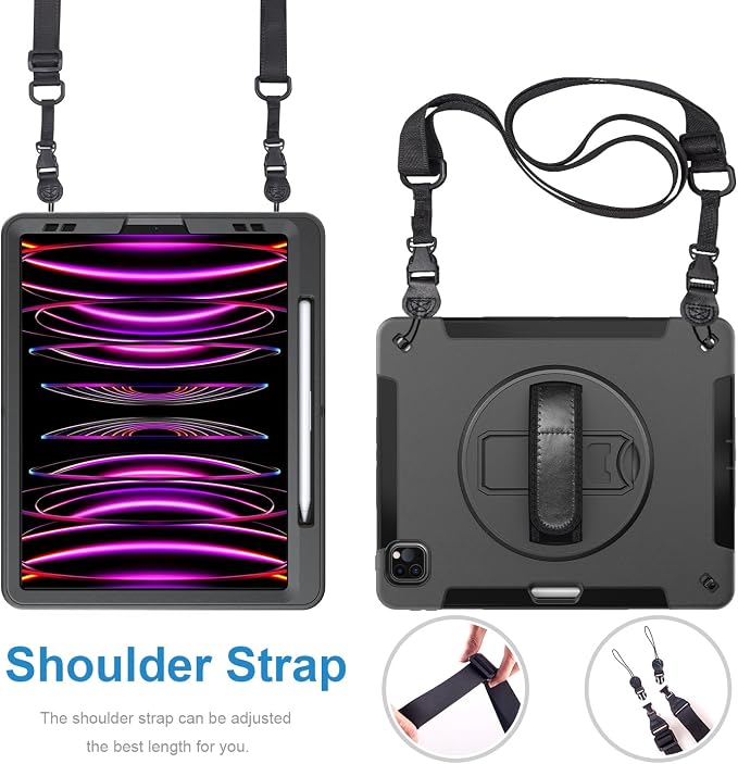 Case for iPad Pro 12.9 2021 5th Generation Shockproof 3-in-1 Protection Screen Protector Strap for Horizontal/Vertical use Kickstand 360 Rotation and Pencil Holder