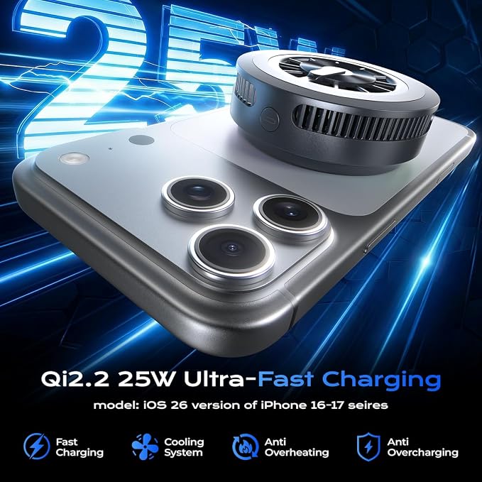 Qi2.2 Wireless Charger【25W Fast Charging+Cooling Fan】 Magnetic Charger Pad with 2 ModesLED Light Phone Holder Fast Charging Compatible with iphone17/16/15/14/13/12 Series (with 45W Adapter)