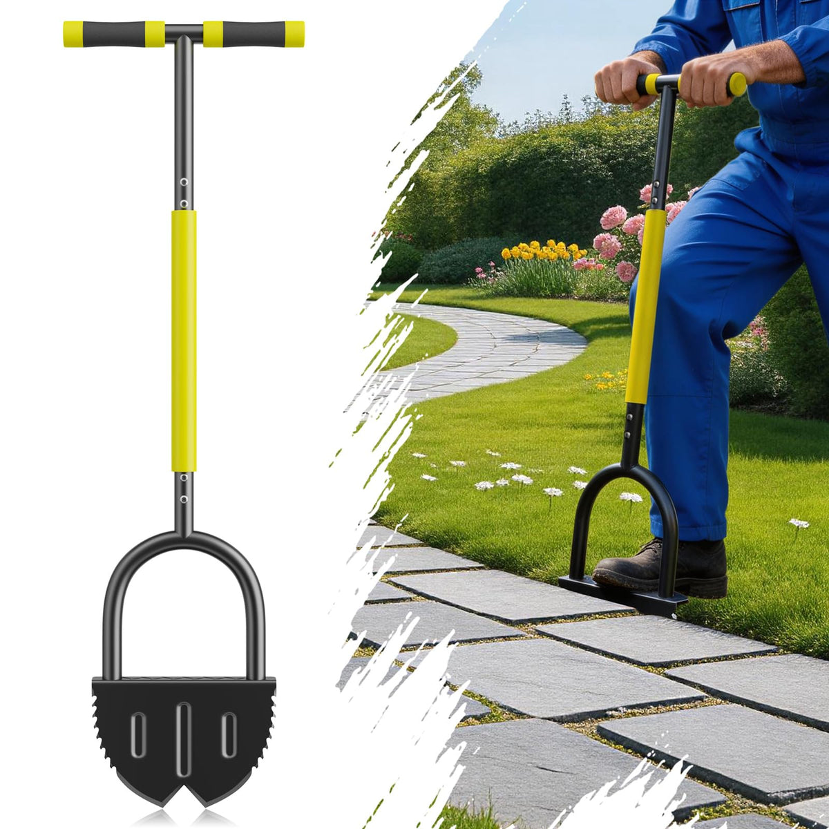 Half Moon Edger Lawn Tool with Double V-Shaped Saw-Tooth Blade & Rubber T-Grip, 40in Edging Shovel for Landscaping, Garden Edging Tool for Landscaping, Manual Lawn Edger Tools for Garden Maintenance