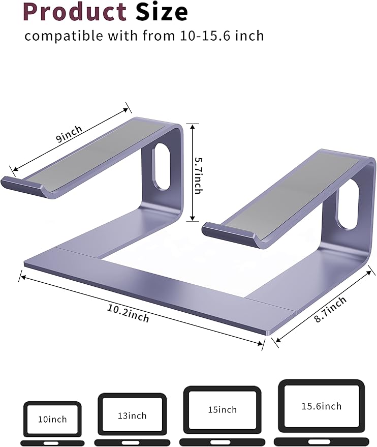 ALASHI Laptop Stand for Desk, Aluminum Computer Riser, Ergonomic Notebook Holder, Detachable Metal Laptops Elevator, PC Cooling Mount Support 10 to 15.6 Inches Notebook, Light Purple