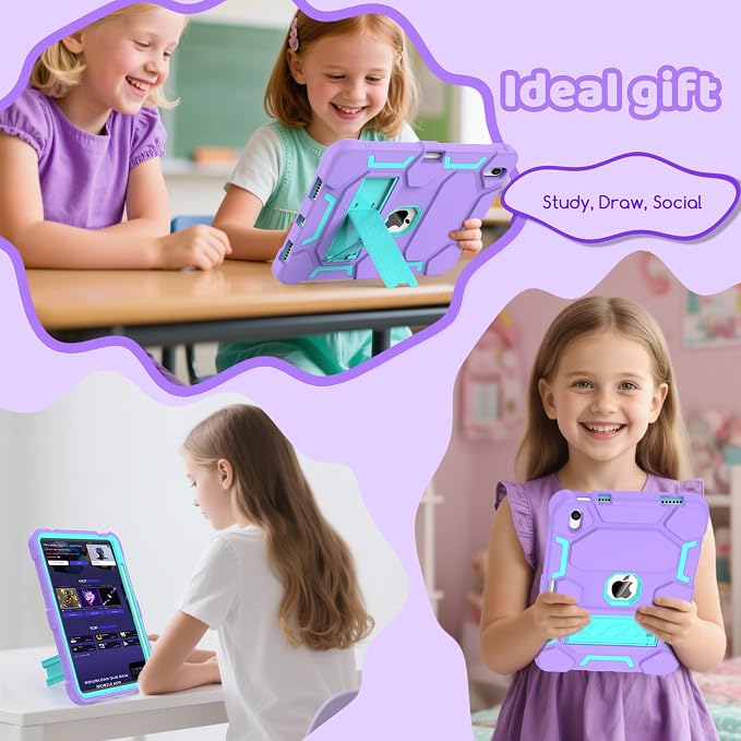 Case for iPad 11 11th Gen (A16) 2025 &amp 10th Gen 2022 10.9 Purple+Green | Kickstand | With Pencil Holder | Drop-Proof Silicone+Hard Shell | Raised Edge Protects Screen&ampCamera | Heavy Duty Pr