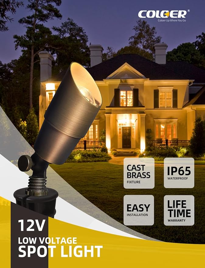 COLOER Die-cast Brass Low Voltage Spotlight 1-Pack with 5W Aluminum Housing MR16 LED Bulb 2700K 450LM CRI85+,12V AC/DC Outdoor Landscape Lighting, Directional Garden Patio Spot Up Light(101B)