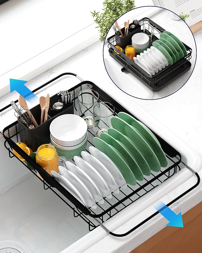 Kitsure Dish Drying Rack for Kitchen Counter, Stainless Steel Sink Organization and Storage Essentials with Cutlery Holder, Home and Appartment Decor, 12.2''W x 15.7''~23''L, Black