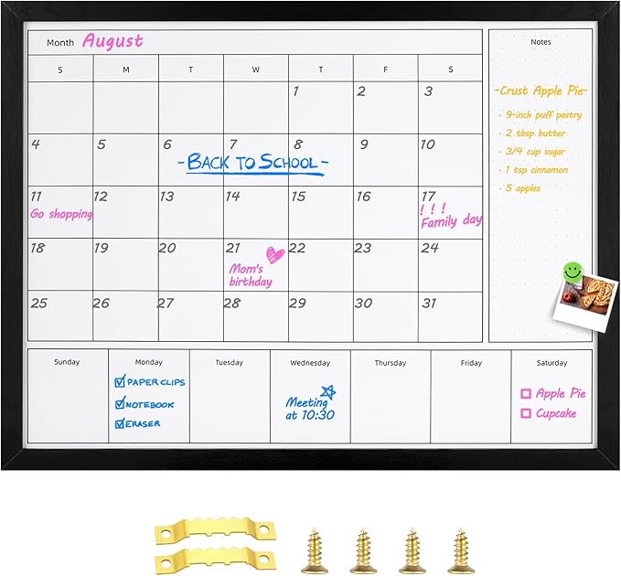 3-in-1 Dry Erase Calendar for Wall, 31.5x23.6 inches Magnetic Surface Monthly & Weekly Planner Whiteboard, Dry Erase Board with Black Wood Frame, Hanging White Board Calendar(YL+ZL-BK,6080)