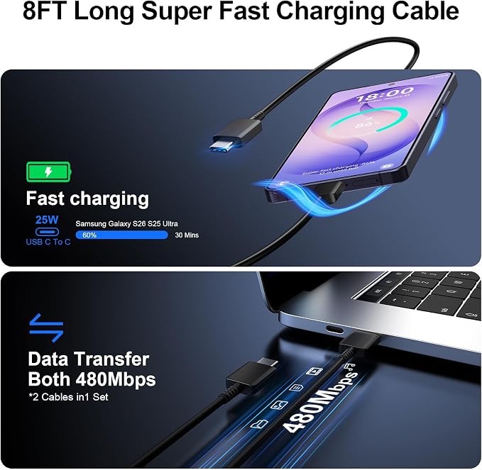 Super Fast Charger Type C 25W USB C Wall Charger Fast Charging for Samsung Galaxy S26 Ultra/S26/S26+/S25 Ultra/S25/24 Ultra/S24/S23 Ultra/S22 Ultra with 10FT Long Android Type C Charger Cable 2Pack
