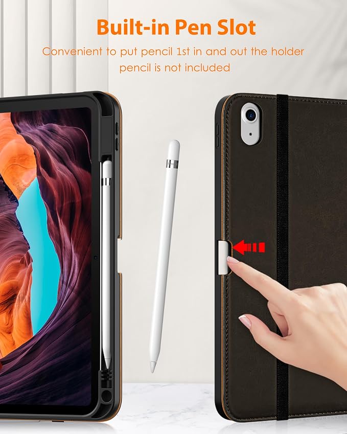DTTO for iPad (A16) 11th Generation 11-inch &amp 10th Gen Case Brown | Premium Leather Business Cover with Pencil Holder Hand Strap &amp Pocket Corner Protection Auto Sleep/Wake for Work &amp