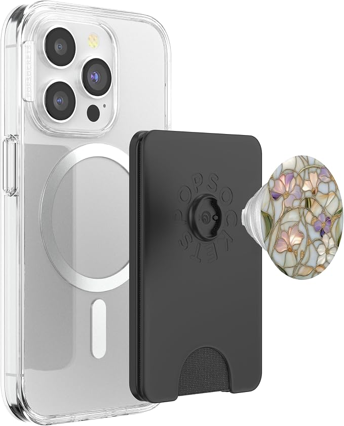 Stained Glass Floral Print with Purple Flowers PopSockets PopWallet for MagSafe