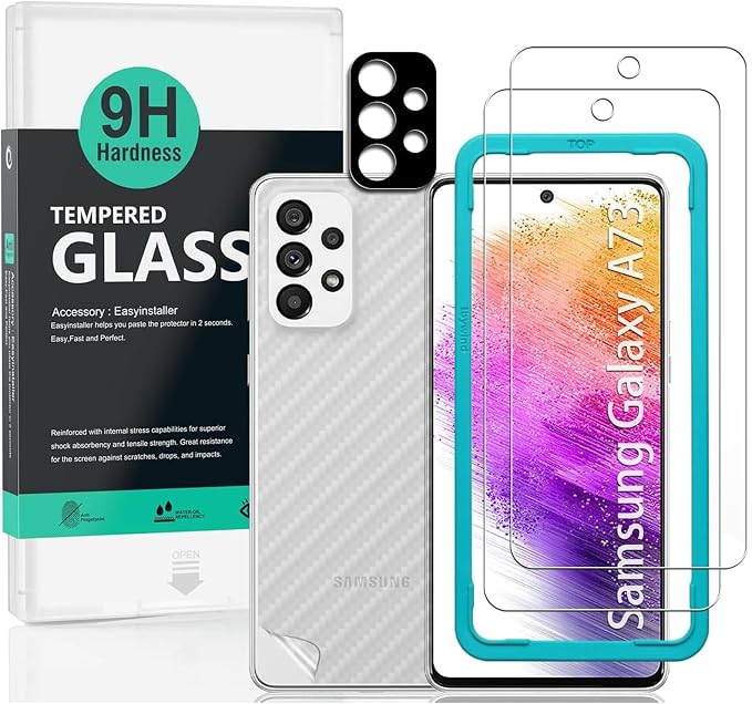 Ibywind Screen Protector For Samsung Galaxy A73 5G(6.7 Inches)with 2Pcs Tempered Glass1Pc Camera Lens Protector1Pc Backing Carbon Fiber Film[Fingerprint ReaderEasy to install]