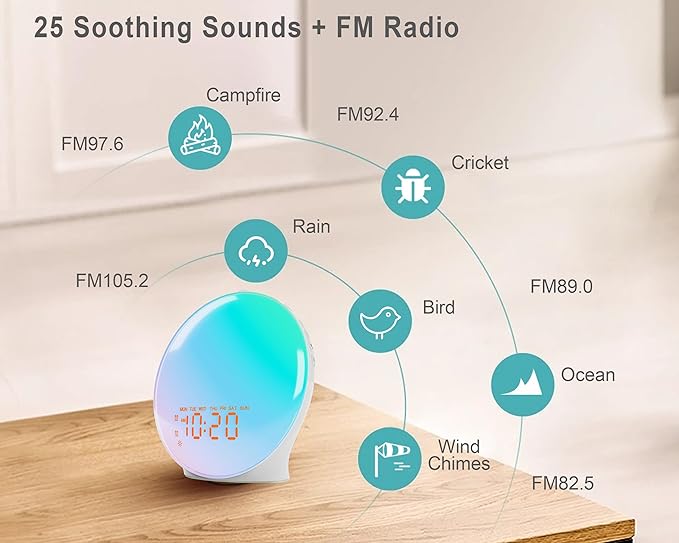 Wake Up Light Sunrise Alarm Clock for Bedroom, 17 Nightlights, Sound Machine with 5W Bluetooth Speaker, 25 Soothing Sounds, SleepTimer, Dual Alarms, FM Radio, Ideal Gift for Baby, Kids, Adults, Senior