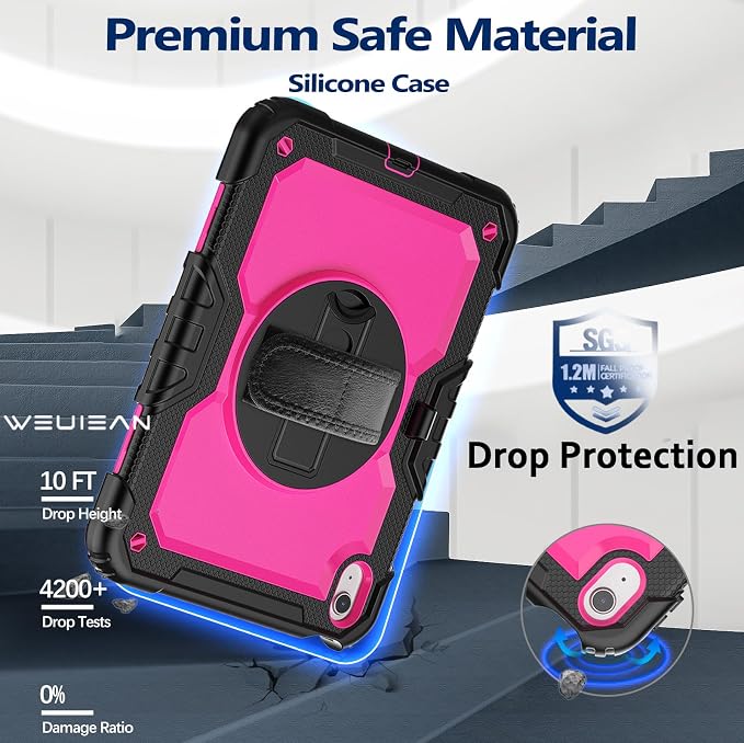 Weuiean Case for iPad A16 11th/10th Generation 11/10.9 Military-Grade Heavy-Duty Shockproof Cover with 360° Rotating Stand Built-in Pencil Holder &amp Adjustable Hand/Shoulder Strap - Black