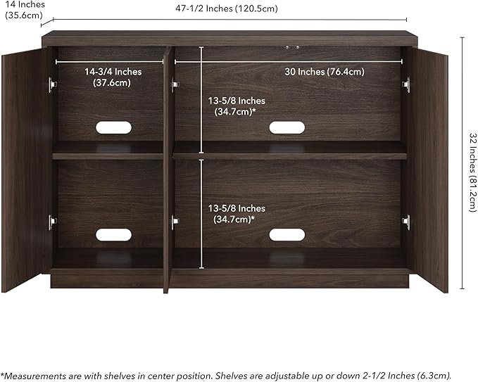 Henn&Hart 48" Fluted Sideboard Buffet Cabinet, Ribbed Wooden Credenza with 3 Doors, Adjustable Shelves, and Cable Management Cut-Outs for Dining Room, Kitchen, Living Room or Entryway, Warm Brown