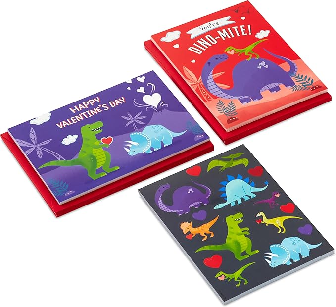 Hallmark Valentine's Day Cards and Stickers for Kids School, Dinosaur (24 Classroom Valentines with Envelopes)