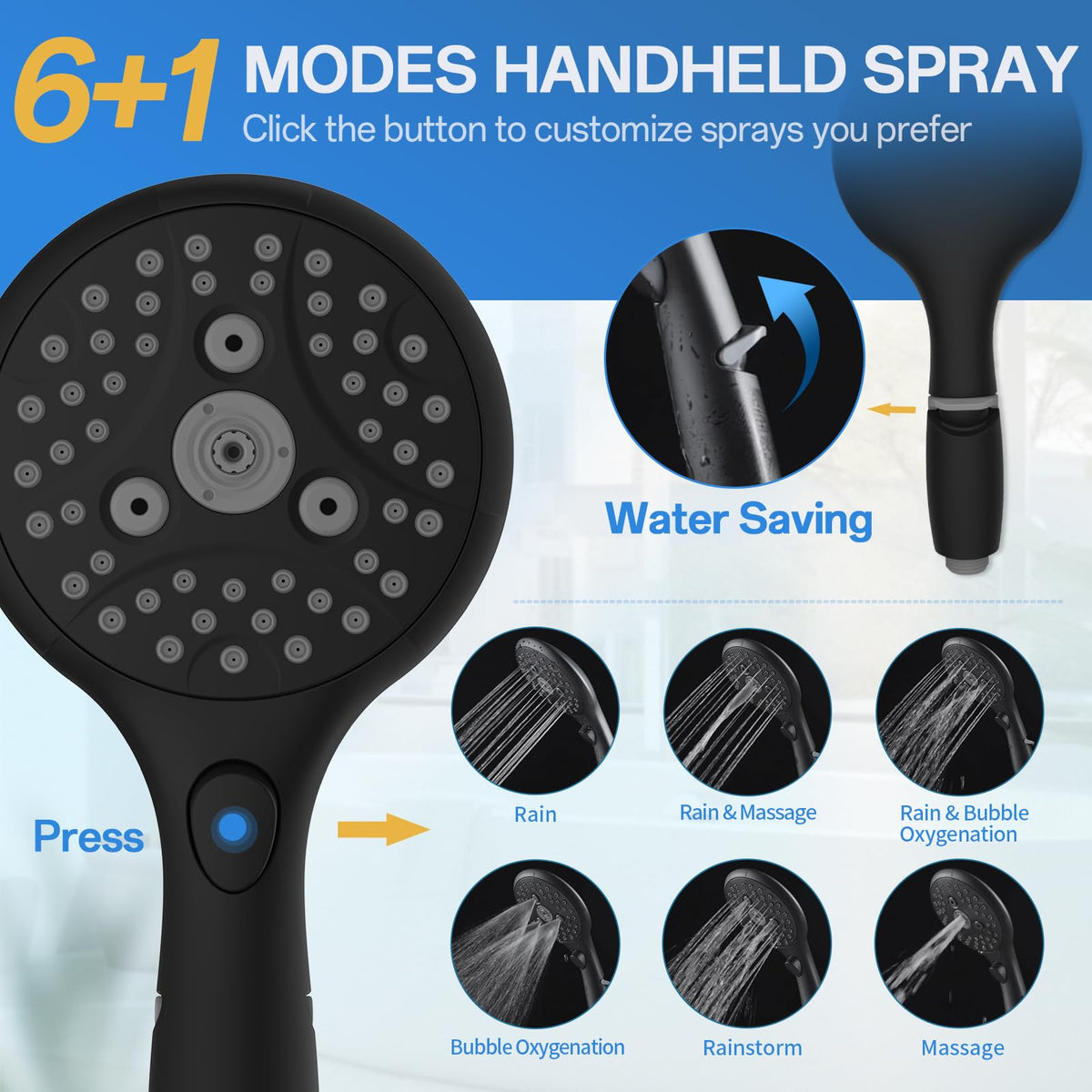High Pressure Rainfall Shower Head with Handheld Combo: Upgrade Dual Shower Head with 10 Inch Fixed Rain Showerhead and 7 Sprays Handheld Shower Head, Adjustable Height (Up to 13.4"), 71" Hose (MB)
