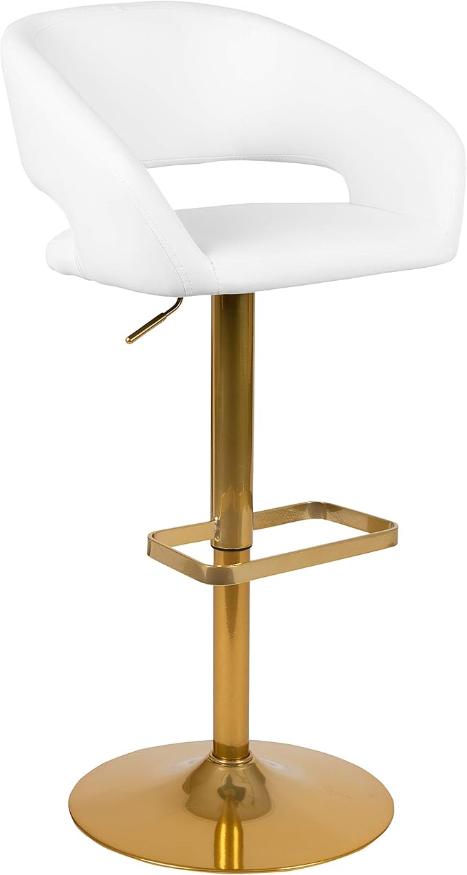 Flash Furniture Erik Comfortable & Stylish Contemporary Barstool with Rounded Mid-Back and Foot Rest, Adjustable Height - White Vinyl with Gold Base, Set of 2