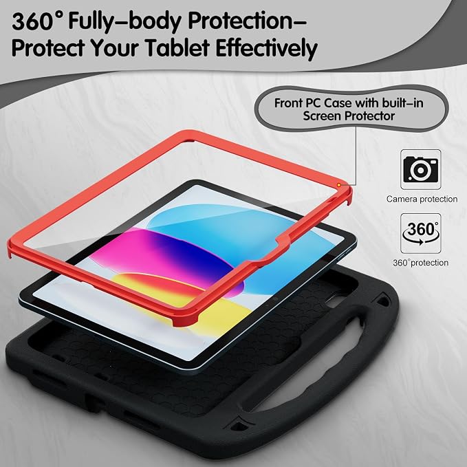 Kids Case for iPad A16 11th/ 10th Generation (2025/2022 Model) | iPad 11/ iPad 10 Full-Body Drop Protection cover with Screen Protector EVA Shockproof Handle Stand Black