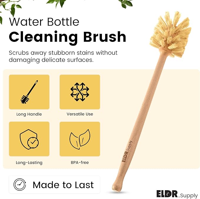 ELDR Supply Bottle Brush, 14in Extra Long German Beechwood Handle, Strong Hemp Bristles, Zero Waste, Cleans and Scrubs Hard to Reach Wide Mouth Jars, Glasses, and Tumblers