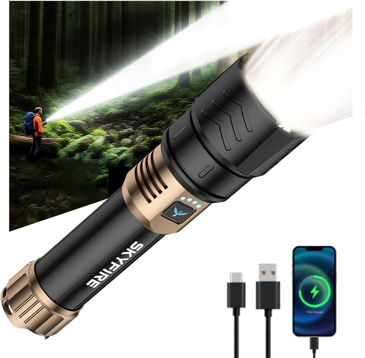 SKYFIRE Rechargeable Flashlights High Lumens,3000lm Super Bright Flashlight,Zoomable,4 Modes,Waterproof LED Flash Light for Camping Essentials,Outdoor and Home Emergencies
