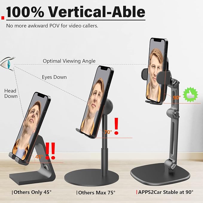 APPS2Car Phone Stand for Desk Adjustable Cell Phone Holder for Office | Triple-Clamp Phone Holder Height-Adjustable Folding Arm 360° Rotation Anti-Slip Base Fits Cases up to 20mm