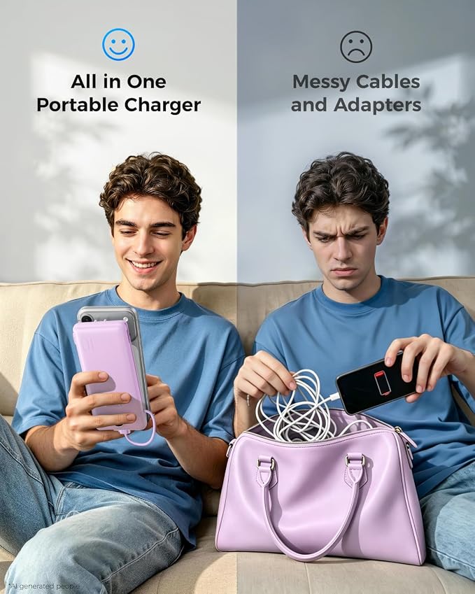 VEGER Portable Charger for iPhone Power Bank Built in Cable and Wall Plug | 10000mAhUltra Slim&ampCompact5 OutputsLED DisplayFlight-SafeTravel Essentials Battery Pack for iPhone 17iPad Samsun