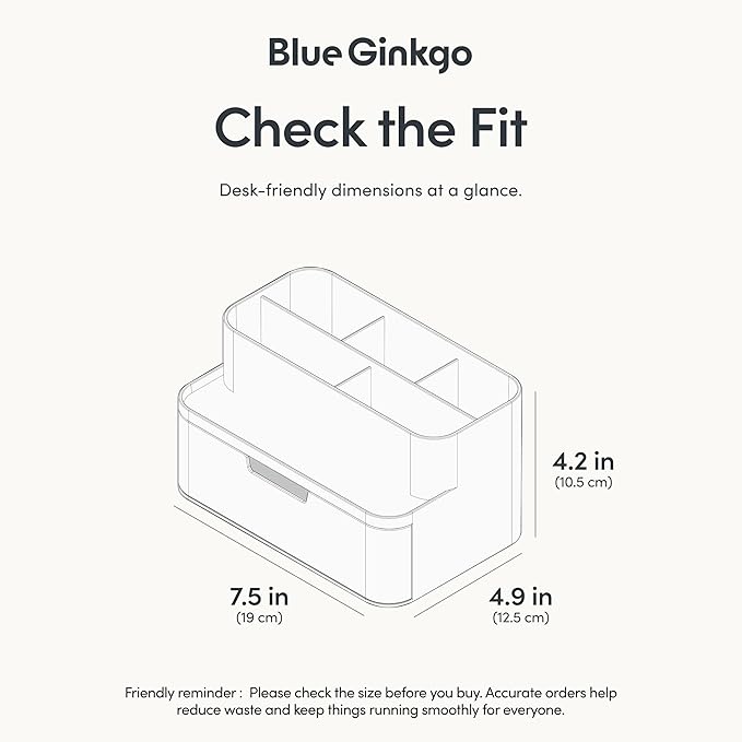 BLUE GINKGO Compact Desk Organizer – Small 5-Compartment, Half Drawer Storage – Pen Holder, Stationery Organizer for Desktop, Vanity, Shelf (Made in Korea, Transperent)