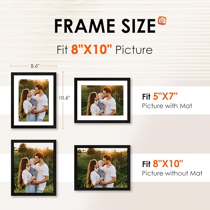FIXSMITH 8x10 Picture Frame Set of 6, Photo Frame Bulk with HD Plexiglass, Display Pictures 5x7 with Mat or 8x10 Without Mat Multi Picture Frames Collage for Tabletop or Wall Display, Black