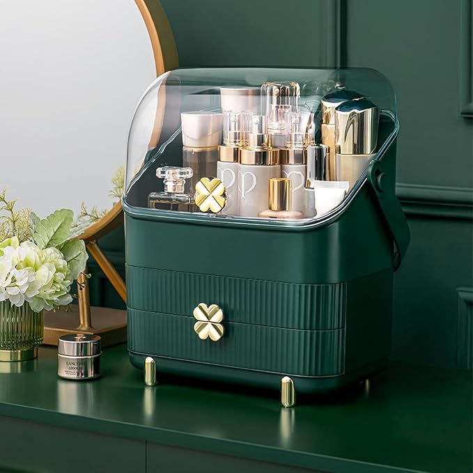 Preppy Skincare Organizers Makeup Organizer Holder Cosmetic Storage Box Display Case 3 Tiers Dust Free Cover Portable Handle 2 Rroomy Drawers Gift Great For Bathroom Countertop Dresser Dark Green