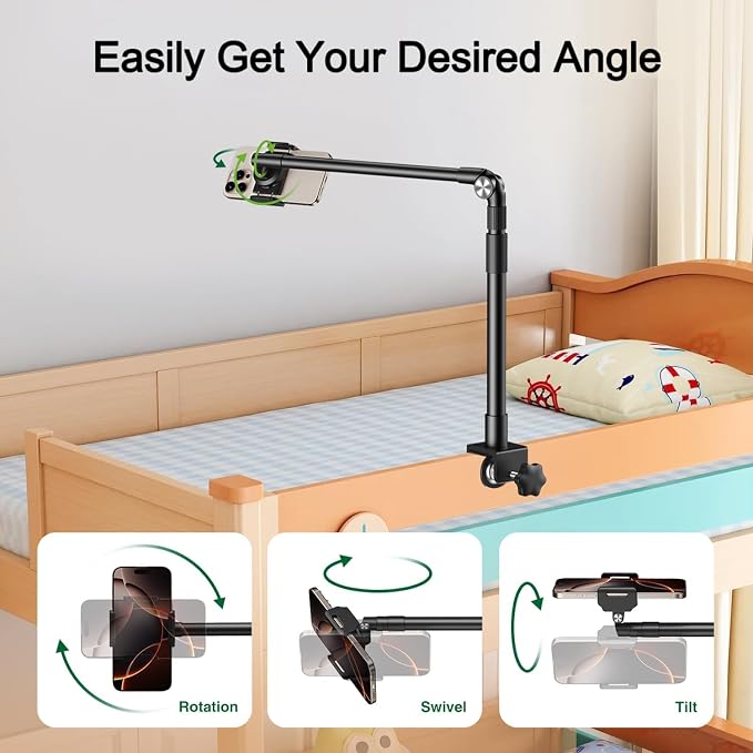 elitehood Aluminum Arm Phone Holder for Bed [360° Swivel Tilt Rotation] Adjustable Bedside Phone Holder Laying Down iPhone Stand for Bed Desk Overhead iPhone Clamp Mount Fit All 4-7’’ Cellphone