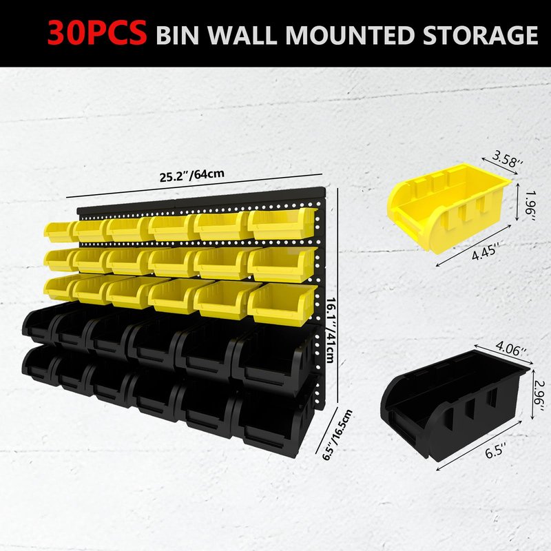 ZEUKMXOO 30Pcs Plastic Wall Mounted Storage Bins Parts Rack Nuts And Bolt Bins Organizer For Shop Garage for Screws, Nuts, Bolts, Nails, Beads, and Small Hardware Parts(YELLOW+BLACK, 30)