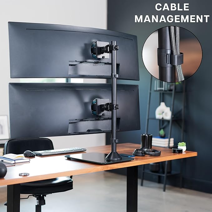 VIVO Dual Vertically Stacked Ultra-Wide Monitor Desk Stand with Glass Base, Extra Tall Adjustable Mount for 2 Ultrawide Screens up to 49 inches, 44 lbs Per Screen Capacity, Black, STAND-V202LG