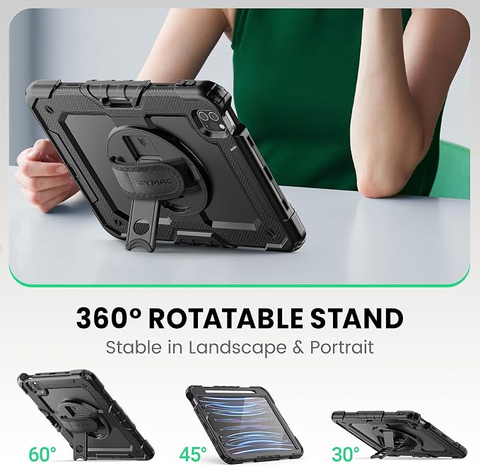 SEYMAC Case for iPad Pro 11 4th/3rd/2nd/1st Gen 2022-2018 Black | Full-Body Shockproof Protective Built-in Screen Protector 360° Rotating Stand Hand/Shoulder Strap Pencil holder