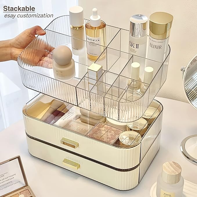 Makeup Organizer with Stackable Drawer, Cosmetic Storage Display Case for Vanity, Bathroom Countertop or Dresser,Counter top Holder for Lipstick, Brushes, Lotions, Eyeshadow, Nail Polish