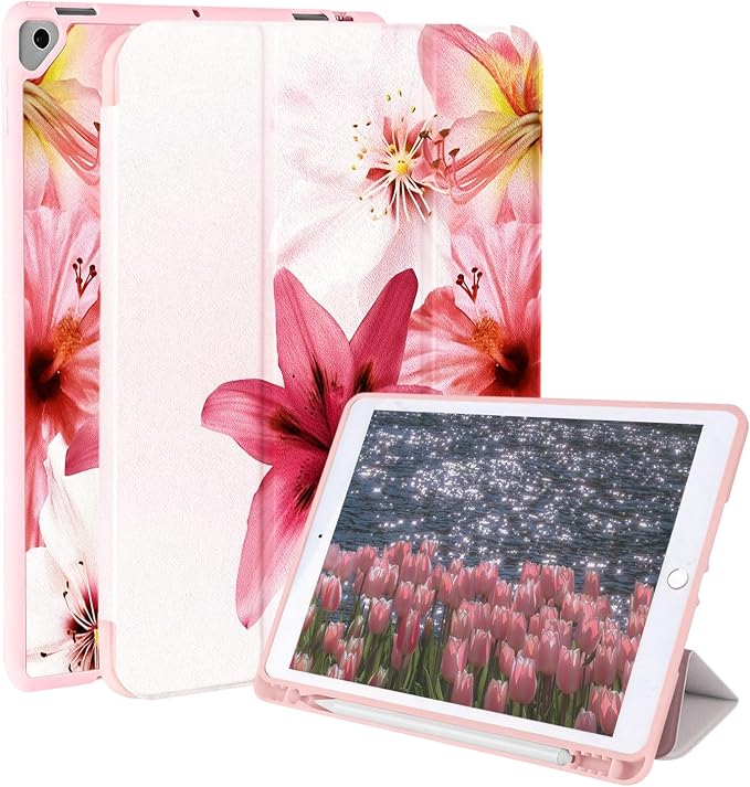 Case for iPad 9th/ 8th/ 7th Generation Case 10.2&amp10.5 Inch (2021/2020/2019 Release) Slim Lightweight Soft Trifold Back Cover with Pencil Holder &amp Auto Sleep/Wake Cover Cherries Cheetah Bows