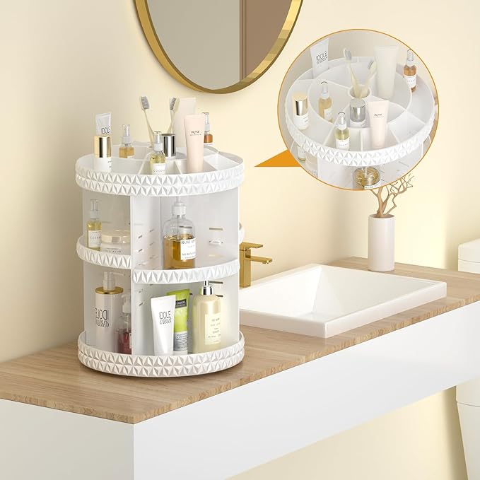 360 Rotating Makeup Organizer, DIY Adjustable Cosmetics Organizer[Patented Product], Professional Acrylic Make Up Caddy Shelf Storage Perfume, Lipsticks, Makeup Brushes or Accessories (White)