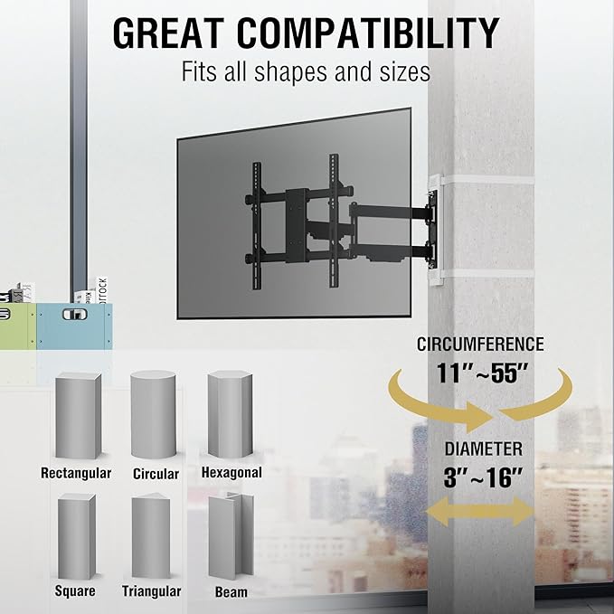CondoMounts CLMTVA1144 Full Motion Small Pillar | Gazebo TV Mount | Round & Square TV Post Mount | NO Drill | Holds 80lbs | Fits 32-in. to 70-in. | Fits 4-in. to 12-in. Post | White Strap