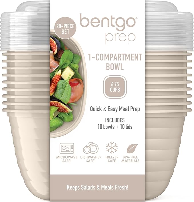 Bentgo Prep - 1-Compartment Bowls with Custom-Fit Lids - Reusable, Microwave Safe, Durable, PFAS & BPA-Free, Freezer & Dishwasher Safe Meal Prep Food Storage - 10 Bowls & 10 Lids (White Stone Tan)