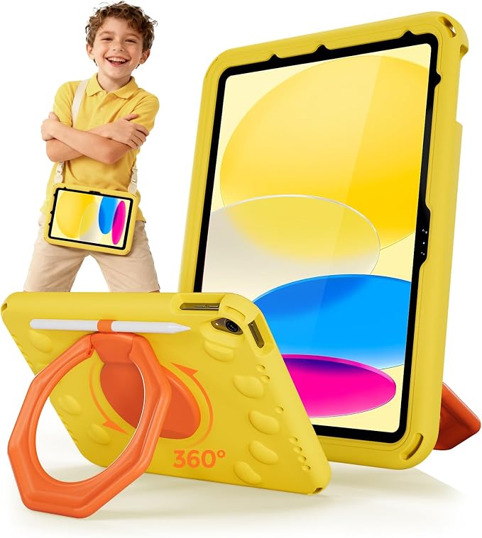 ProCase Kids Case for iPad 11th(A16)/10th iPad Air 11 M4/M3/M2 Air 5/4th | Shockproof Cover 360° Ring Stand Pencil Holder Shoulder Strap Drop &amp Scratch Resistant for Toddler Tablets -Black