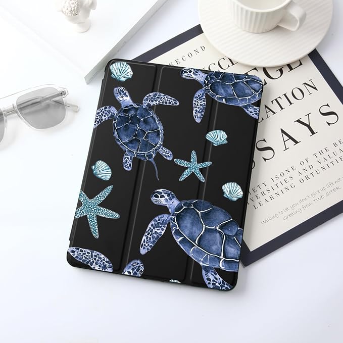 JOYLAND Blue Turtle for iPad Air 11 Inch M3(2025)/M2 (2024)Air 5th/4th Generation Case 2022/2020 10.9 Inch with Pencil Holder-Trifold Stand Protective Cover with Soft TPU BackBlack