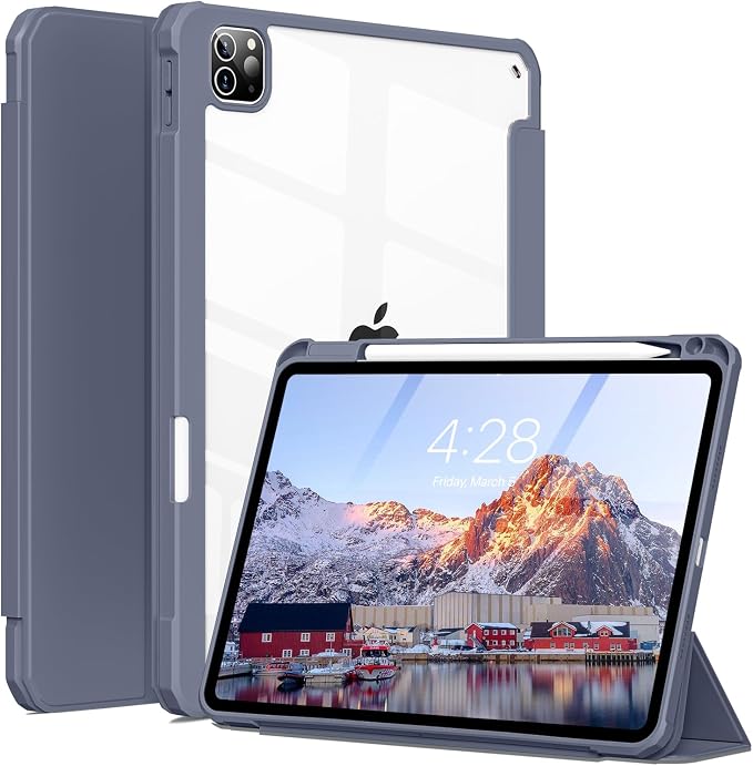 Clear Case for iPad Pro 12.9 inch 6th/5th/4th/3rd Gen 2022/2021/2020/2018 with Pencil Holder Lightweight Shockproof Trifold Stand Transparent Acrylic Back Cover Auto Wake/Sleep Black