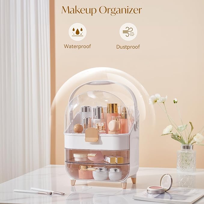 Makeup Organizers, Make Up Organizers for Vanity, Countertop Cosmetic Storage with Drawers and Transparent Cover for Bedroom Bathroom (Pearl White)