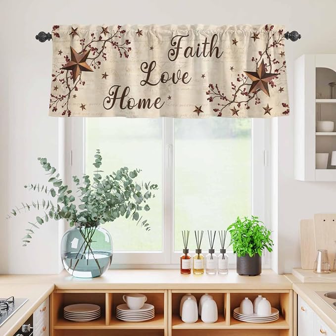Kitchen Curtains Tiers and Valance Set of 3, Retro Country Stars Rustic