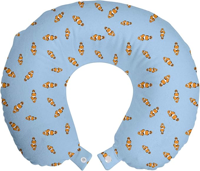 Ambesonne Cartoon Travel Pillow Neck Rest, Illustration of Clownfish Repetitive Simplistic Pattern Underwater, Memory Foam Traveling Accessory for Airplane and Car, 12", Pale Azure Blue Marigold