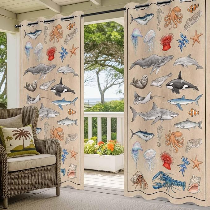 Vintage Outdoor Curtains for Patio Sharks Whales Lobsters Biographies
