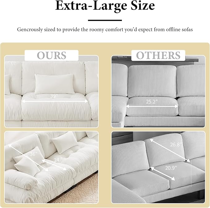 133.8" Oversized L-Shape Modern Chenille Couch, 3 Seater + 1 Ottoman, Upgraded-White