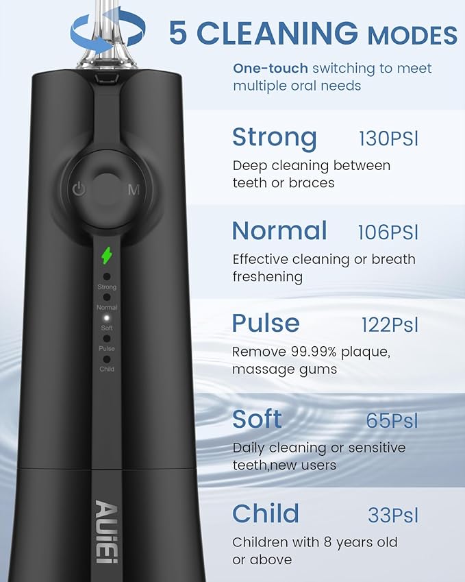 AUIEI Water Flosser Teeth Pick: 9 Jet Tips Cordless Oral Irrigator with 300ML, 5 Modes Portable Power Dental Flossers, IPX7 Waterproof Rechargeable Electric Waterflosser Machine for Home Travel, Black