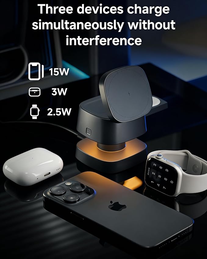 4-in-1 Wireless Charging Station 15W Fast Charging with Adjustable Night Light Multi Device Charging Station Compatible with iPhone 15/14/13/12 Series Apple Watch AirPods – Black