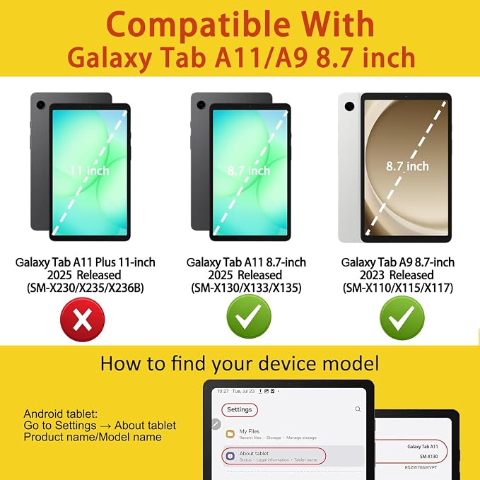 E NET-CASE Detachable Magnetic Case for Samsung Galaxy Tab A11 / Tab A9 8.7-Inch 2025/2023 Ultra Clear Back Scratch-Proof丨Easy to Detach &amp Attach丨Auto Sleep/Wake (Black)