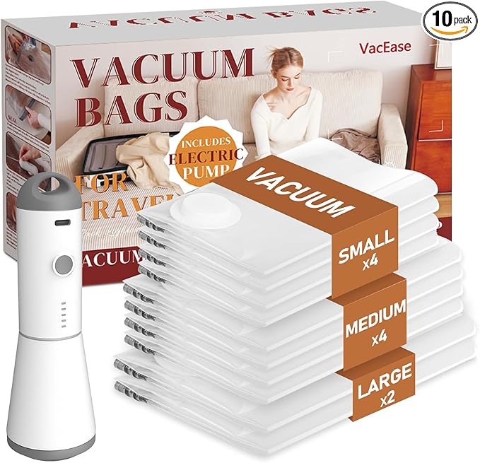 Vacbird Vacuum Storage Bags for Clothing Travel, 10 Pack Vacuum Bags with Rechargeable Cordless Air Pump(2 Large+4 Medium+4 Small), Compression Packing for Clothes Blanket Suitcase Luggage
