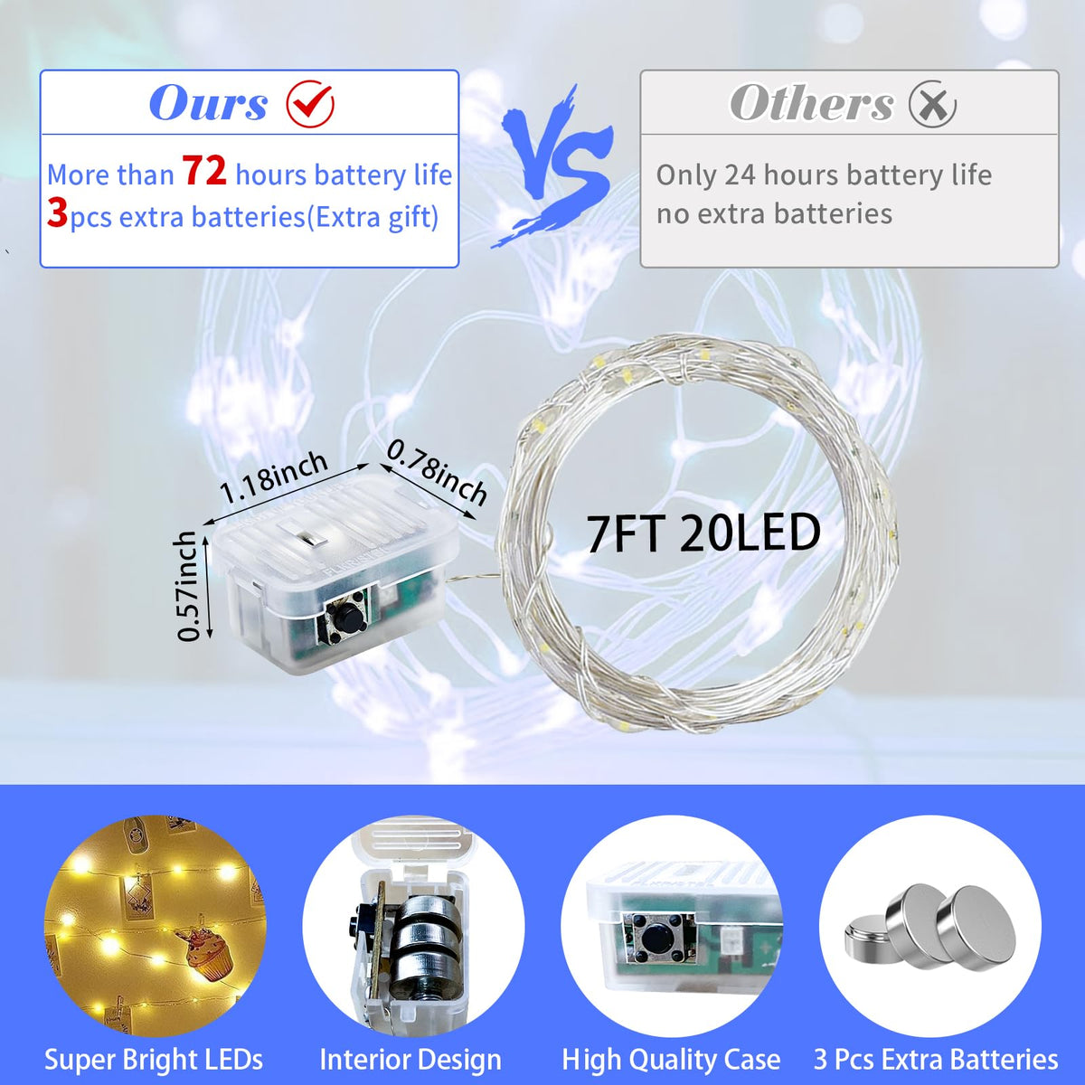 chzk 24 Pack Blue Fairy Lights 7Ft 20 LED Twinkle String Lights Battery Operated Waterproof Firefly Starry for Mason Jar Party Halloween Christmas Valentines Day (24, Blue)