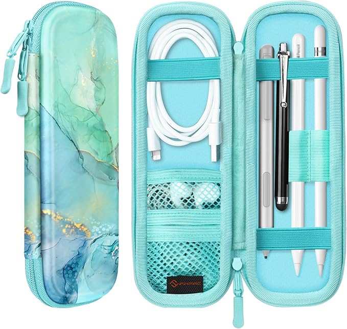 Fintie Holder Case for Apple Pencil Pro, Apple Pencil (USB-C / 1st / 2nd Generation), PU Leather Carrying Bag Sleeve Compatible with Pen, USB Cable, Samsung Stylus, Emerald Marble